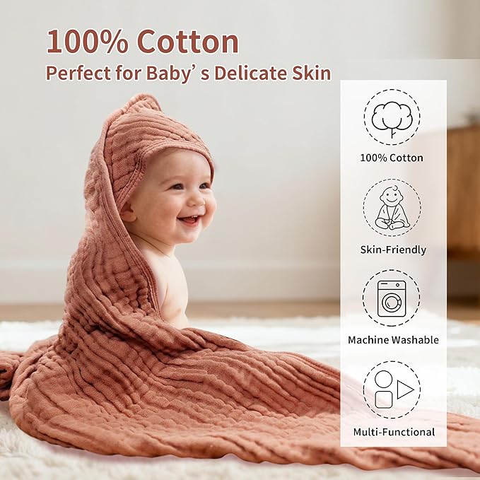 Newborn Hooded Towels 2-Pack, 100% Cotton Plain Weave Muslin Baby Bath Towels, Soft & Absorbent, 32x32 Inches (Sand Red + Emerald Green)