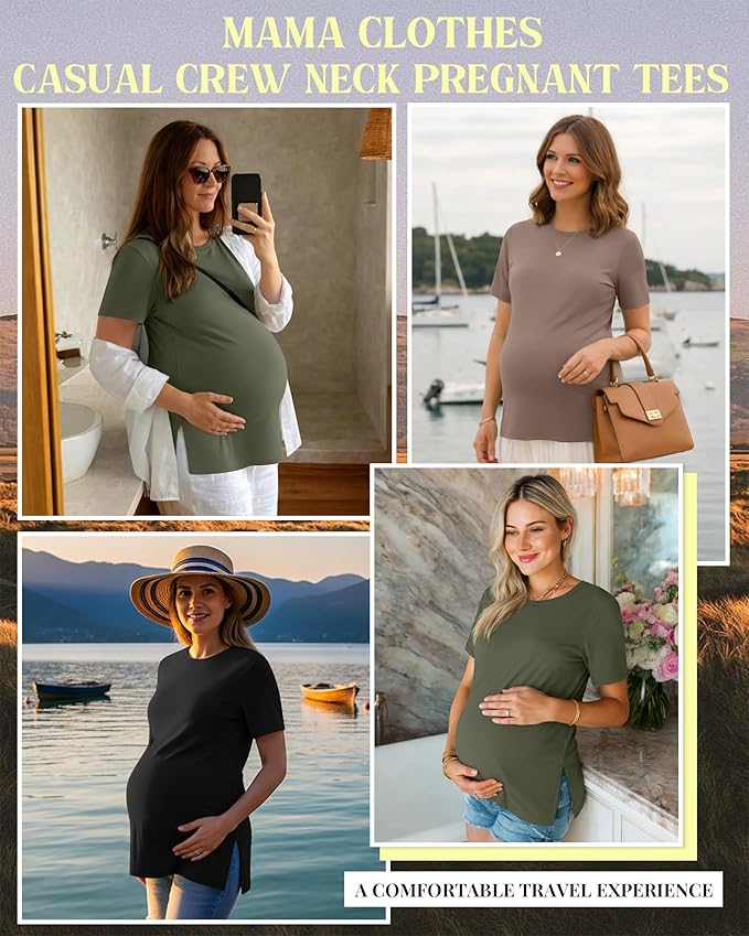 Ficerd 3 Pack Women's Maternity T Shirts, Short Sleeve Side Split Pregnancy Tops Casual Crew Neck Pregnant Tees Mama Clothes