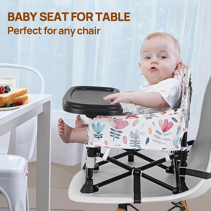 Toddler Booster Seat for Dining Table & Kitchen Chair - Portable Foldable with Removable Tray, Baby Camping Chair 6-36 Months Indoor Outdoor (Green Stripe)