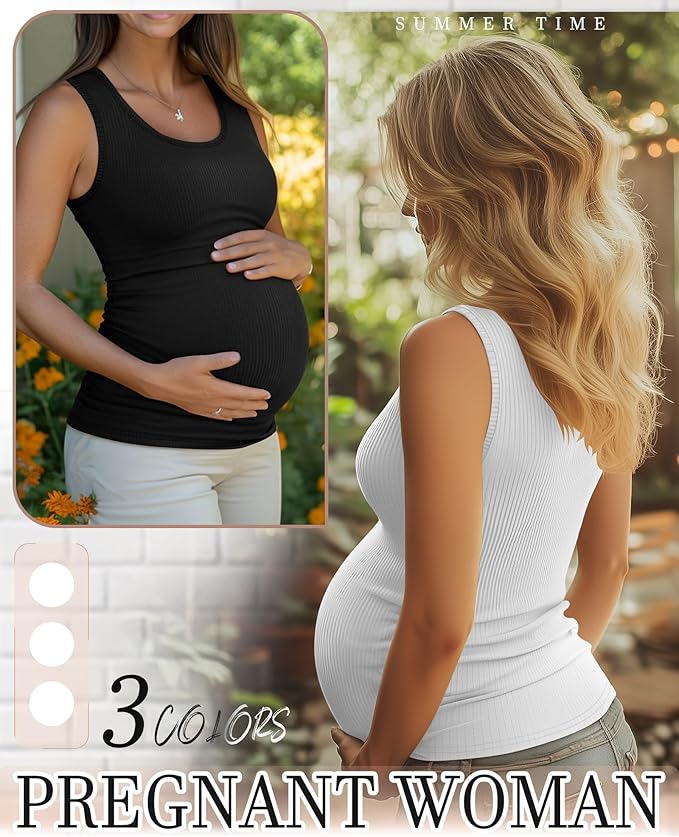 Riyiper 3 Pack Women's Maternity Tank Tops, Sleeveless Cotton Pregnancy Shirts Ribbed Knit Sides Ruched Basic Mama Clothes