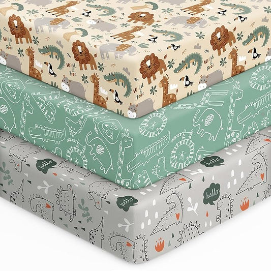 Baby Crib Sheets for Boys Girls, 28x52x8in Fitted Crib Sheet Neutral 3 Pack for Standard Crib and Toddler Mattress, Breathable Soft Microfiber Baby Sheet Green & Apricot Lion