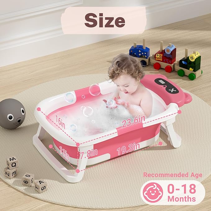 AVIDOR Baby Bathtub,Collapsible Bathtub for Newborn to Toddler,Durable Essential Infant Bath Tub,Portable Travel Baby Tub with Soft Cushion,No-Slip Hanging and Detachable(Rose Pink)