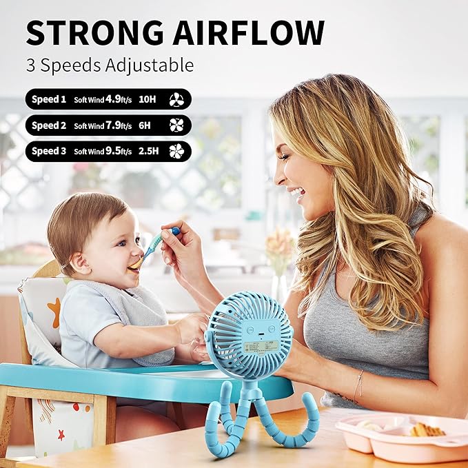 AMACOOL Battery Operated Stroller Fan, Baby Travel Essentials for Beach Disney, Newborn Boy & Girl Showers Gifts Registry Search, Flexible Tripod Clip On Fan for Car Seat Wagon Crib Bike Treadmill