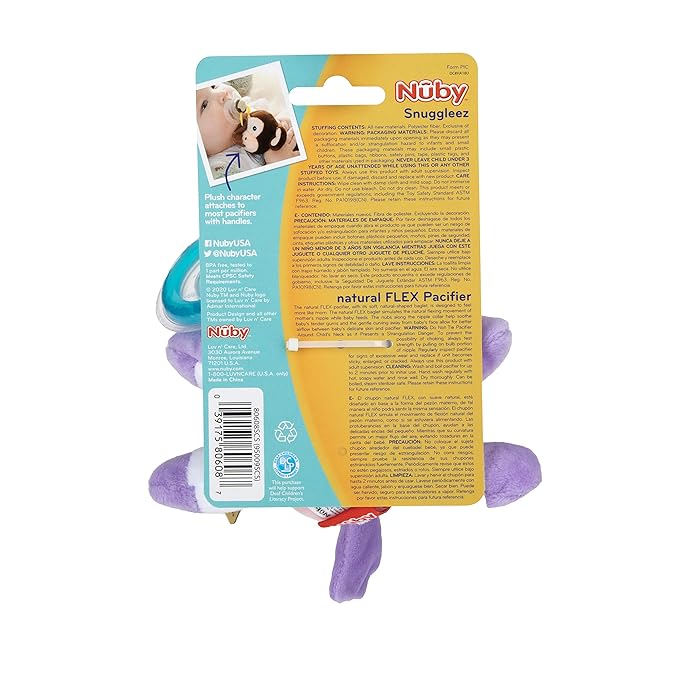 Nuby Calming Natural Flex Snuggleez Pacifier with Plush Combo Set for Cuddling with Comfort, Unicorn
