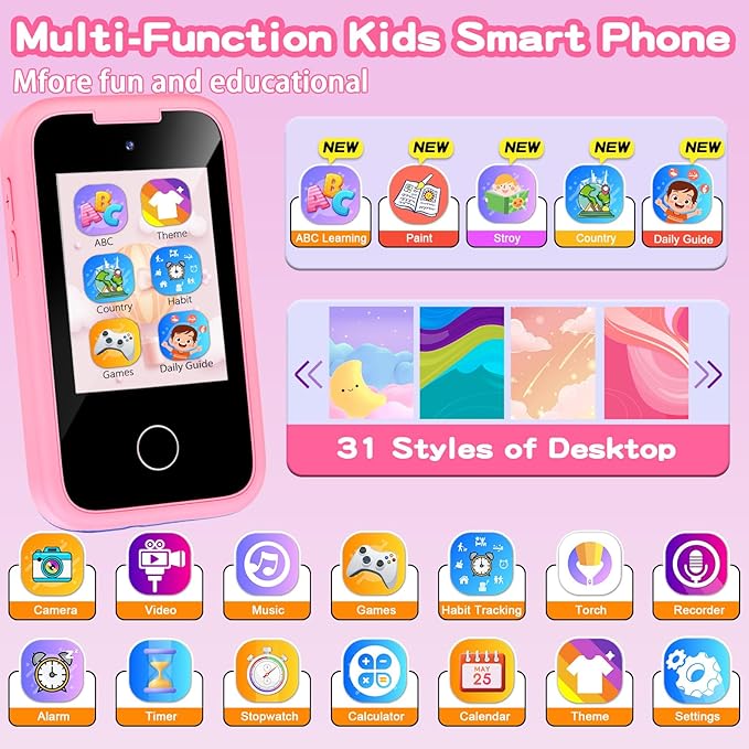 Nikuku Kids Phone for Girls, Christmas Birthday Gift for 3 4 5 6 7 8 9 Year Old, Children Pretend Smart Cellphone Toy with Dual Camera, Touchscreen, Learning Game, Music Player, 8GB Card(Pink)