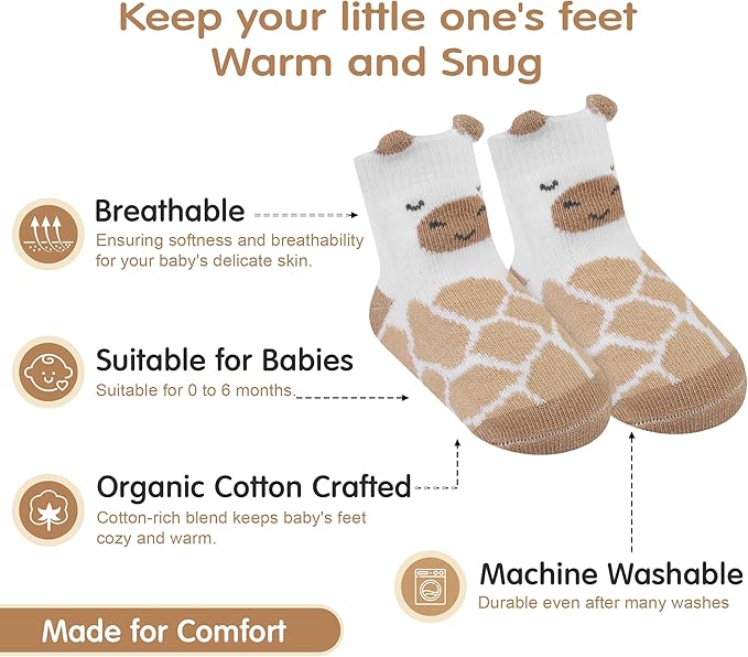 Organic Cotton Baby Socks 0-6 Months Soft for Infants Breathable, Newborn Socks Girls boys Animal Design
