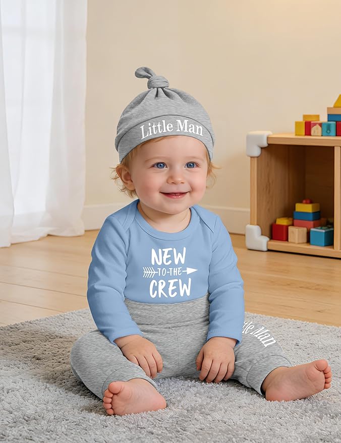 Fommy Newborn Baby Boy Clothes New to The Crew Letter Print Romper+ Pants+Hat 3PCS Outfit