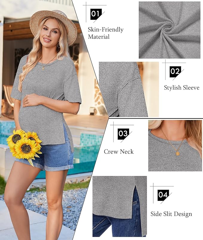 Ekouaer Maternity Shirts 3 Packs Short Sleeve Womens Oversized Pregnancy Tops Split Side Postpartum Blouse Clothes S-XXL