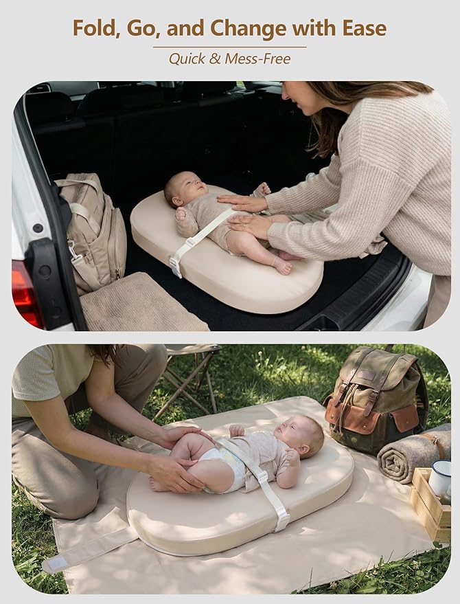 Wipeable Baby Changing Pad: Changing Pad Babies for Dresser Waterproof 31.5” * 15.7” with Removable Safety Strap for Diaper Changing on Table (Creamy White)
