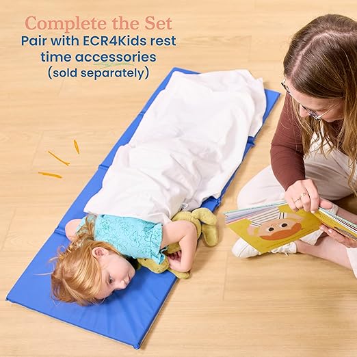 ECR4Kids Everyday Folding Rest Mat, 4-Section, 5/8in, Sleeping Pad, Blue/Grey, 5-Pack