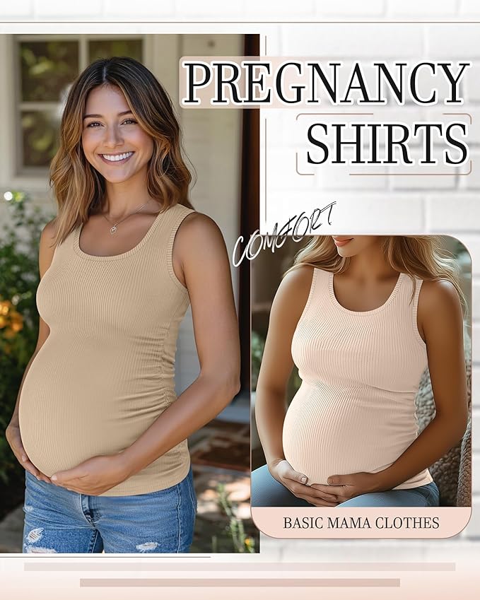 Riyiper 3 Pack Women's Maternity Tank Tops, Sleeveless Cotton Pregnancy Shirts Ribbed Knit Sides Ruched Basic Mama Clothes