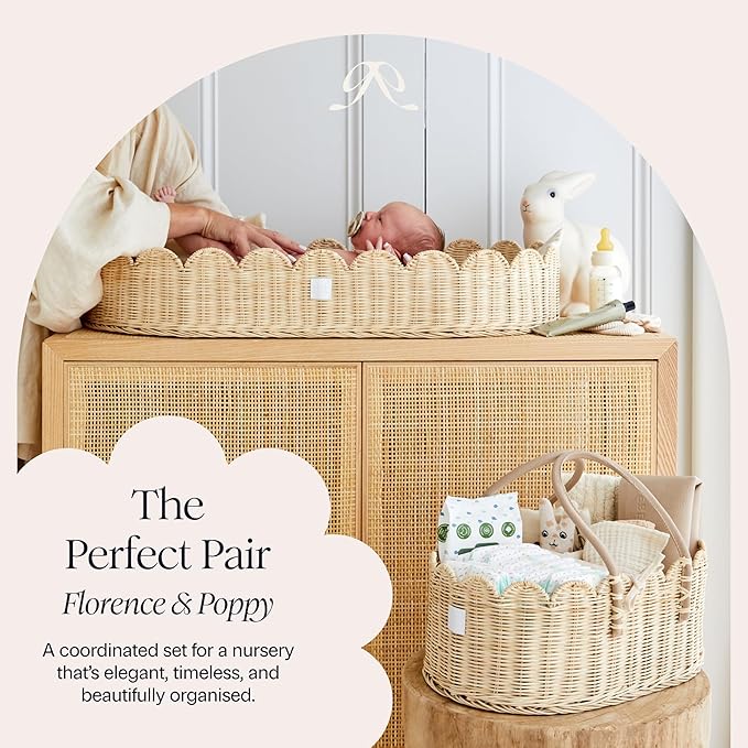Bebe Bask Premium Baby Changing Basket - Artisan-Crafted Scalloped Rattan - Changing Basket for Baby Dresser - All Accessories Included - Complete Set for Nursery (Natural) | Premium, Artisan-Crafted, Changing Basket, Baby Dresser, Complete Set