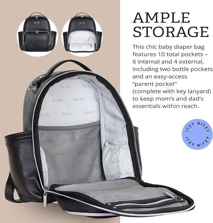 Itzy Ritzy Mini Diaper Bag Backpack – Chic, Compact Mini Plus Backpack with Changing Pad, 10 Pockets (6 Internal, 4 External), Grab-Top Handle & Rubber Feet (Black w/Silver Hardware)