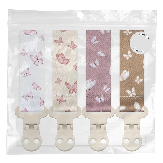 Stadela Baby Pacifier Clip Holder - Girl or Boy Unisex 4 Pack Gift Set – Blush Pink and Beige Butterflies (Anabella)