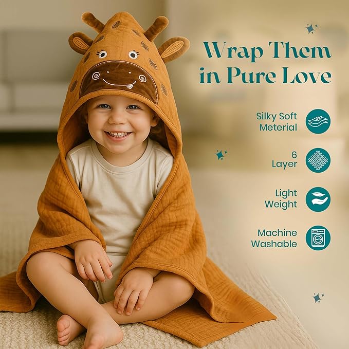 Chungie Soft Muslin Hooded Baby Towels 32x32 inches – 100% Cotton, 6-Layer Breathable Newborn Bath Towels with Hood, Pack of 2 (Printed + Embroidered)