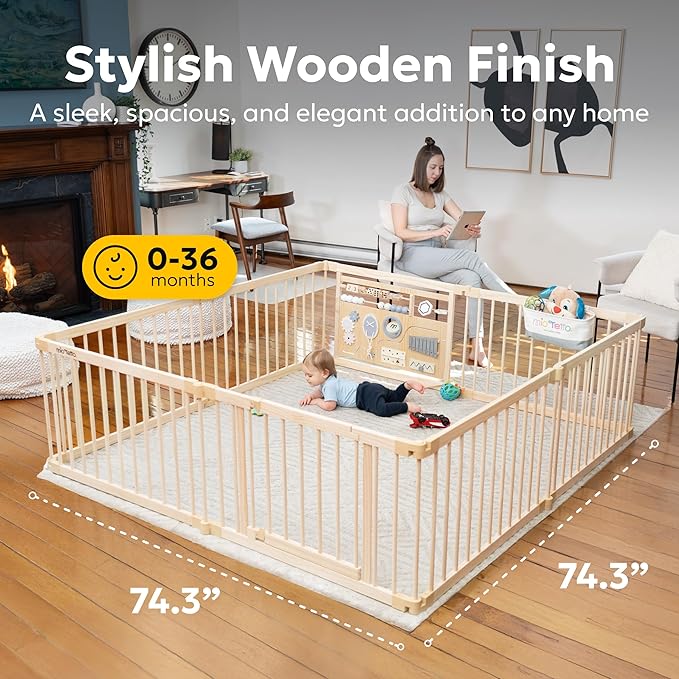 Miotetto Baby Playpen, Wooden Playpen for Babies and Toddlers, Foldable Fence with Montessori Activity Panel, Storage Basket & Gate, Portable, Easy to Assemble Baby Play Pen Natural Wood Playyard