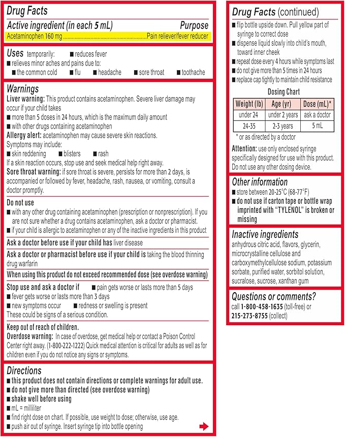 Infants' Tylenol Oral Suspension Liquid Medicine with Acetaminophen, Baby Fever Reducer & Pain Reliever for Minor Aches & Pains, Sore Throat, Headache & Teething Pain, Dye-Free Cherry, 1 fl. oz