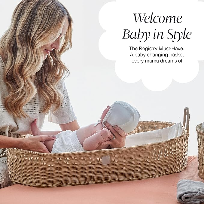 BEBE BASK Premium Baby Changing Basket - Artisan-Crafted Rattan with Extra High Sides - Wicker Changing Basket for Baby Dresser - All Accessories Included - Complete Set for Nursery (Rattan)