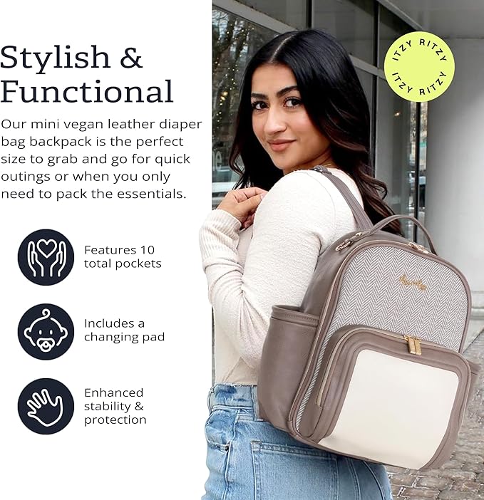 Itzy Ritzy Mini Diaper Bag Backpack – Chic, Compact Mini Plus Backpack with Changing Pad, 10 Pockets (6 Internal, 4 External), Grab-Top Handle & Rubber Feet (Vanilla Latte)
