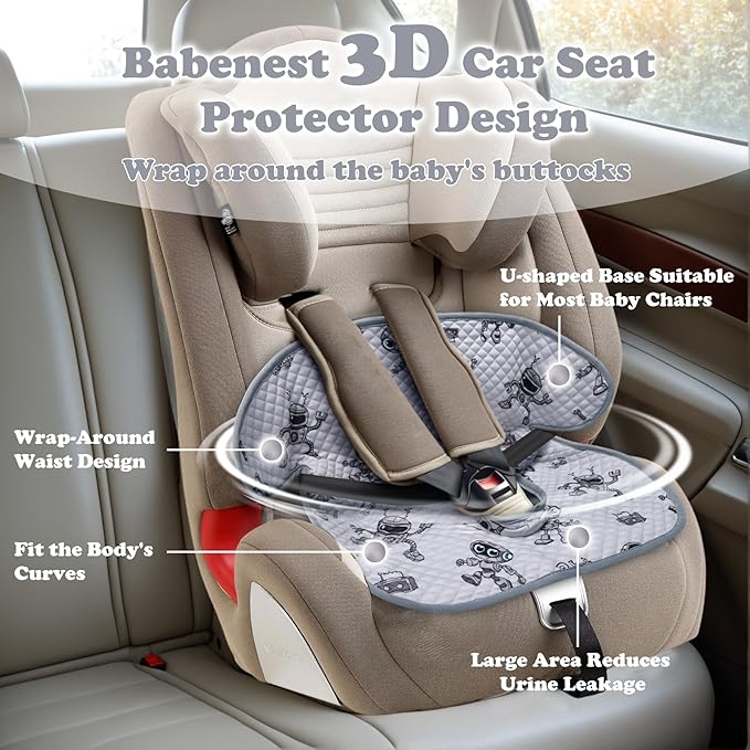 Babenest Car Seat Potty Protector Cover -Waterproof Carseat Training Liner for Baby &Toddler Shower Gift, Dry Piddle Pee Pad with Fun Designs for Strollers & Infant Car Seats (2pcs Robot-Grey)