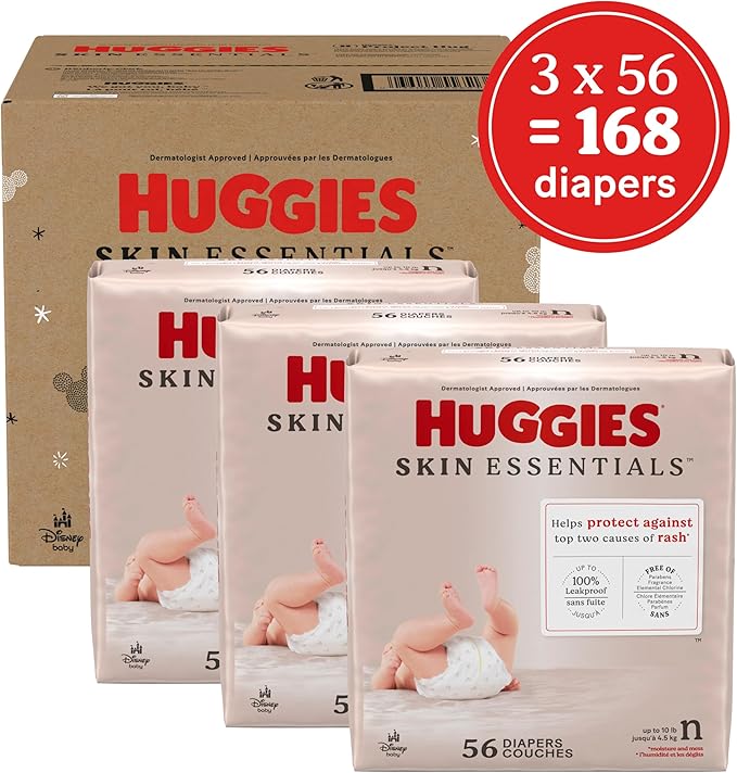 Huggies Size Newborn Diapers, Skin Essentials Baby Diapers, Size Newborn (6-9 lbs), 168 Count