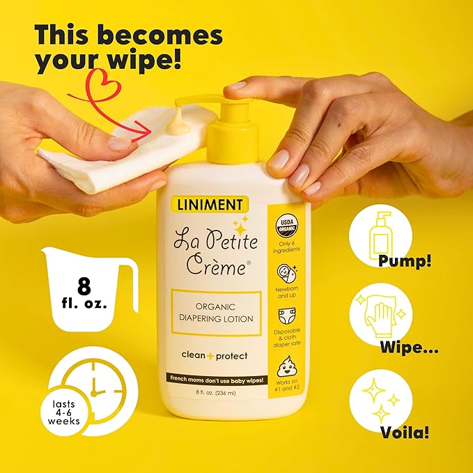 La Petite Creme French Premium Liniment Baby Lotion - Diaper Cream Alternative to Wet Wipes - Gentle Moisturizer & Skin Cleanser, USDA Certified Organic Ingredients - Newborn Essentials (8 oz)