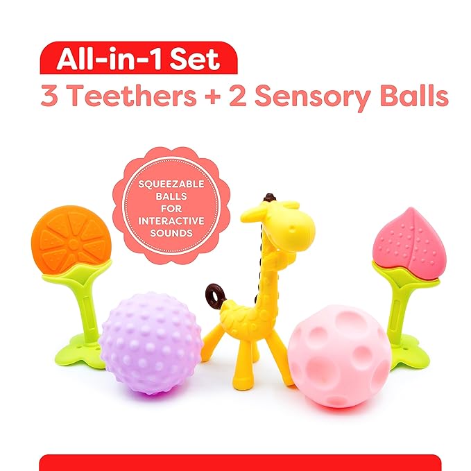 Silicone Teething Toys - Sensory Balls for Babies 0-6 Months - 6-12 Months -Soft Teethers for Baby Soothing and Calming Sensory Teether Toys 5 Pack