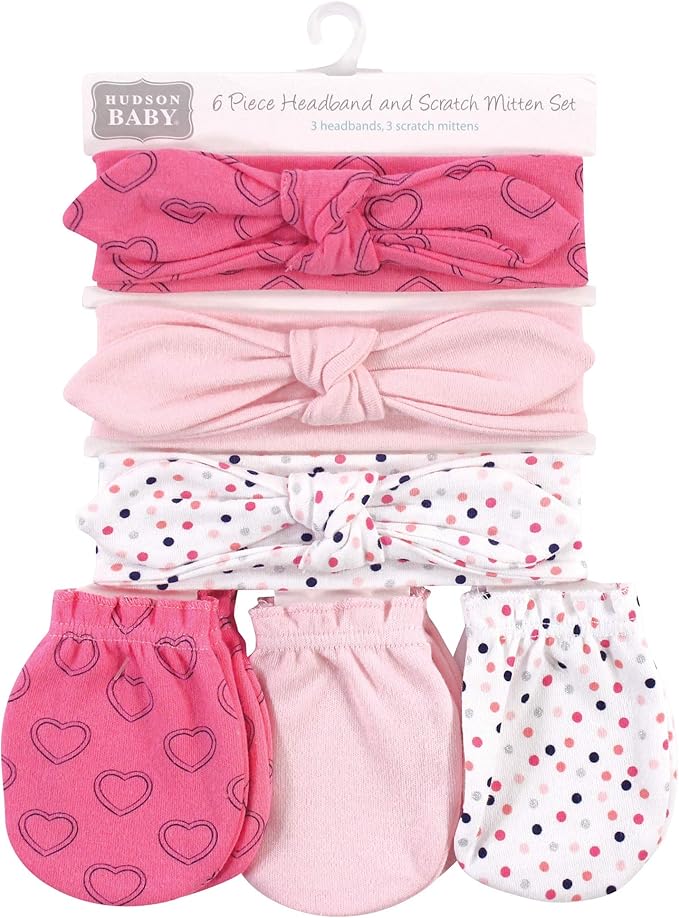 Hudson Baby baby-girls Cotton Headband and Scratch Mitten Set