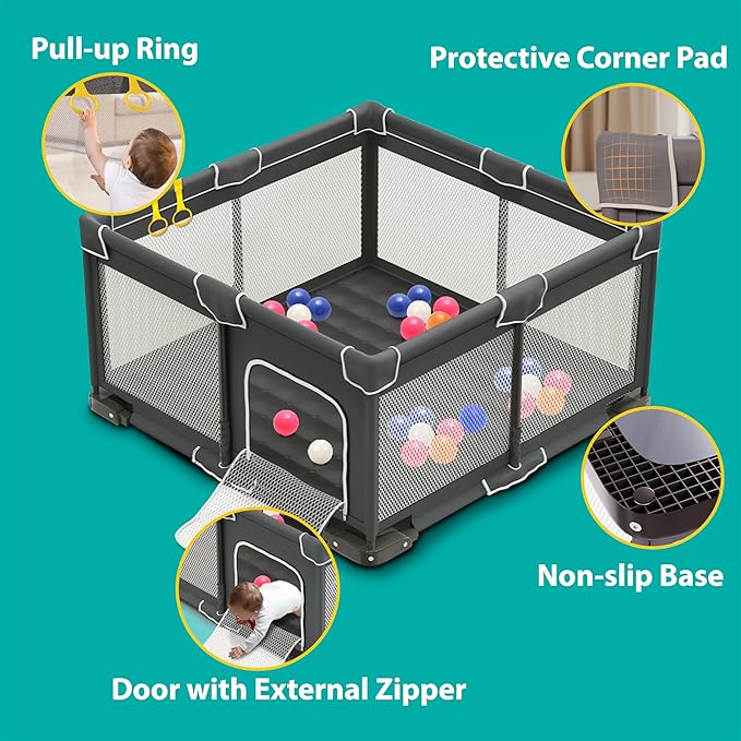 Foldable Playpen for Babies and Toddlers, 50x50 Inches Portable Playpen, Kids Collapsible Play Pen with 2 Handlers, Indoor & Outdoor Baby Fence Play Area with Visible Mesh, Dark Gray