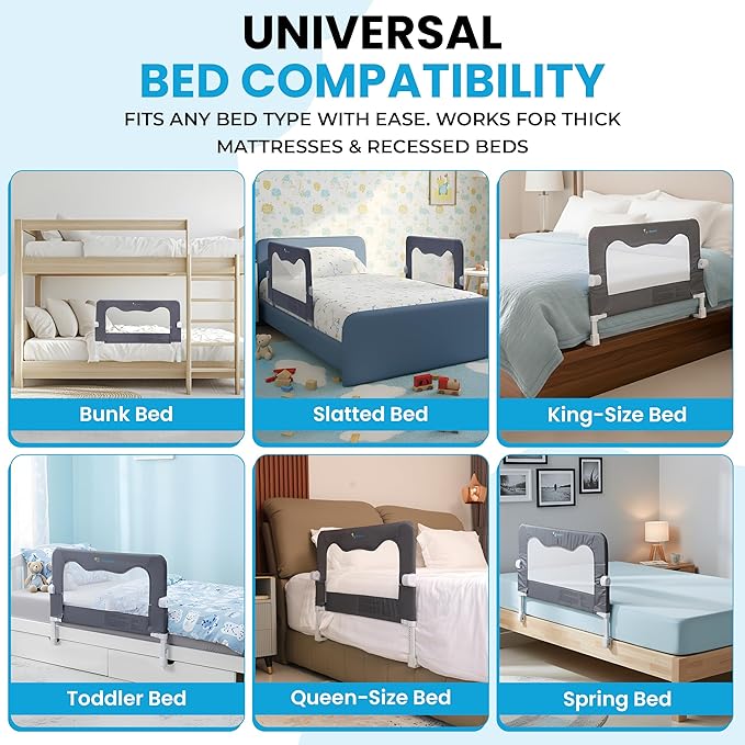 TotCraft Flexguard Height & Length Adjustable Bed Rail for Toddlers – Fits Twin, Full, Queen & King Beds – 35.5″ or 59″ Two Fixed Lengths – 14 Height Levels – ASTM Certified Bed Rail for Baby (Grey)