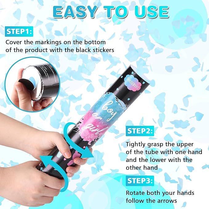 Gender Reveal Confetti Cannon, 4 Pack Biodegradable Blue Confetti Paper with Cornstarch Powder, Confetti Blaster for Boy Gender Reveal, Party Poppers, Blue