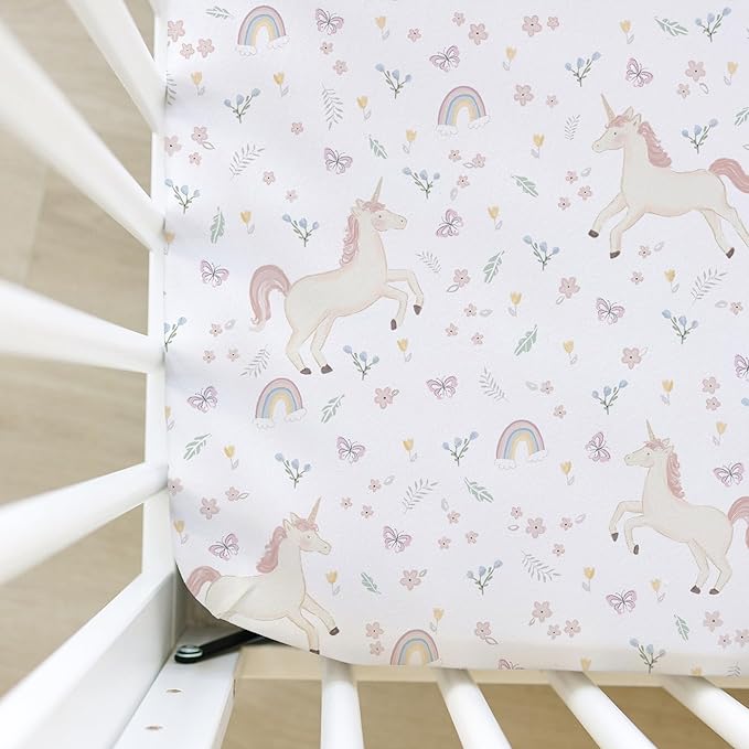 Sorrel + Fern Crib Sheets Neutral - Fitted Baby Crib Sheets Bed for Girl Boy - 2 Pack Standard & Toddler Mattress (Unicorn Blossom) - Buttery Soft Organic Cotton Blend