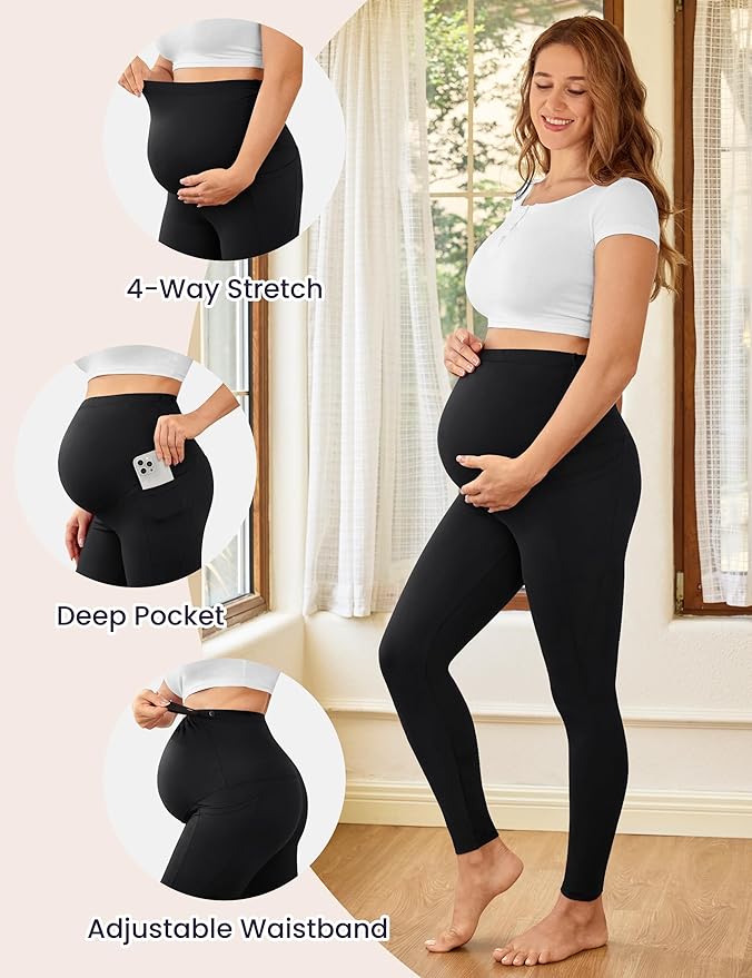 VALANDY Creamlush 2 Pack Women's Maternity Leggings with Pockets Over The Belly,Soft Comfy Active Yoga Lounge Pregnancy Pants