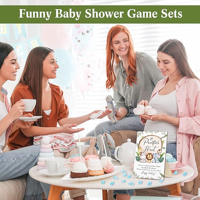 Roowest 51 Pcs Pacifier Hunt Baby Shower Games Include Wooden Hunt Sign and 50 Acrylic Mini Plastic Pacifiers for Baby Shower Game Decoration Gift Sets Gender Reveal Party Supplies