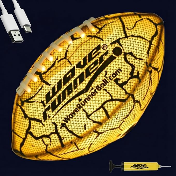 Wave Runner Glow in The Dark LED Football - Junior Size Waterproof Light Up Football, Type-C Rechargeable with Pump, Outdoor Sports Toy for Kids, Teens, and Adults