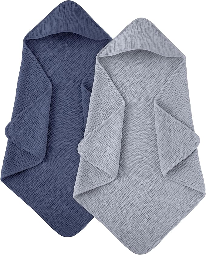 Susurration Hooded Baby Towels for Newborn 2 Pack 100% Muslin Cotton Towel for Babies，Highly Absorbent and Newborn Essential 30x30 Inch Gray&Blue
