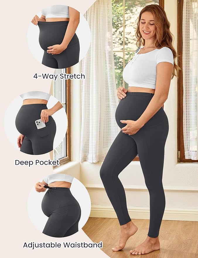 VALANDY Creamlush 2 Pack Women's Maternity Leggings with Pockets Over The Belly,Soft Comfy Active Yoga Lounge Pregnancy Pants