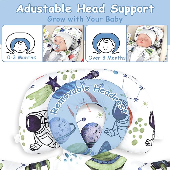 Infant Car Seat Insert with Removable Cushion for Baby Boys, Reversible Newborn Carseat Insert for Baby Head Body Support, Fits for Stroller, Baby Swing, Bouncer (White Space)