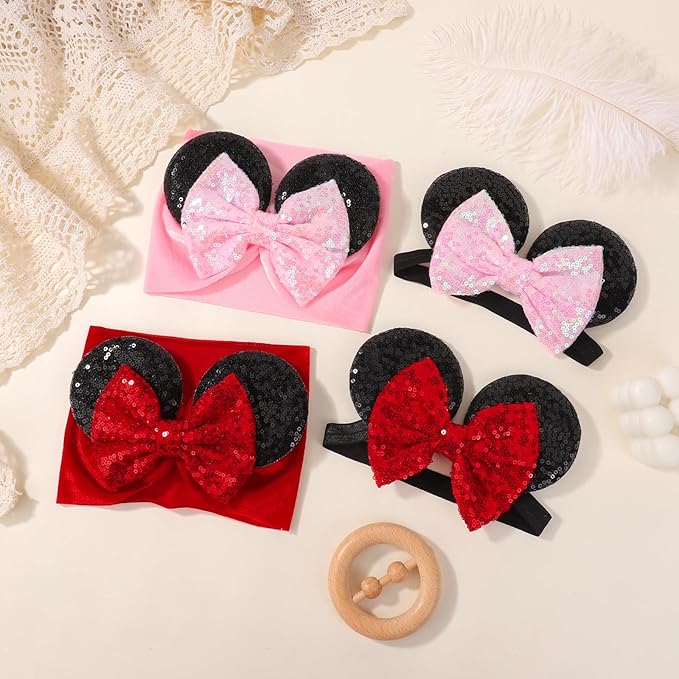 choicbaby Baby Girl Headbands Mouse Ears Headwrap with Sequin Polka Dot Bow Soft Stretchy Nylon Hair Bands for Newborn Infant Baby Toddler Girls- Pack of 4