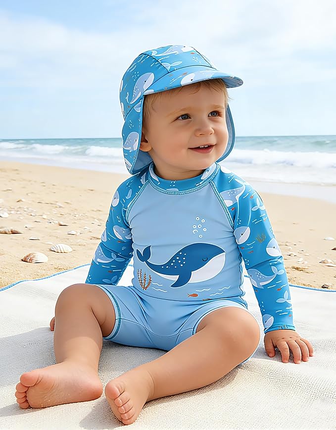 ADUKIDE Baby Boys Swimsuit Summer Beach Rash Guard Swimwear One Piece Sunsuit with Sun Hat 3-24 Months