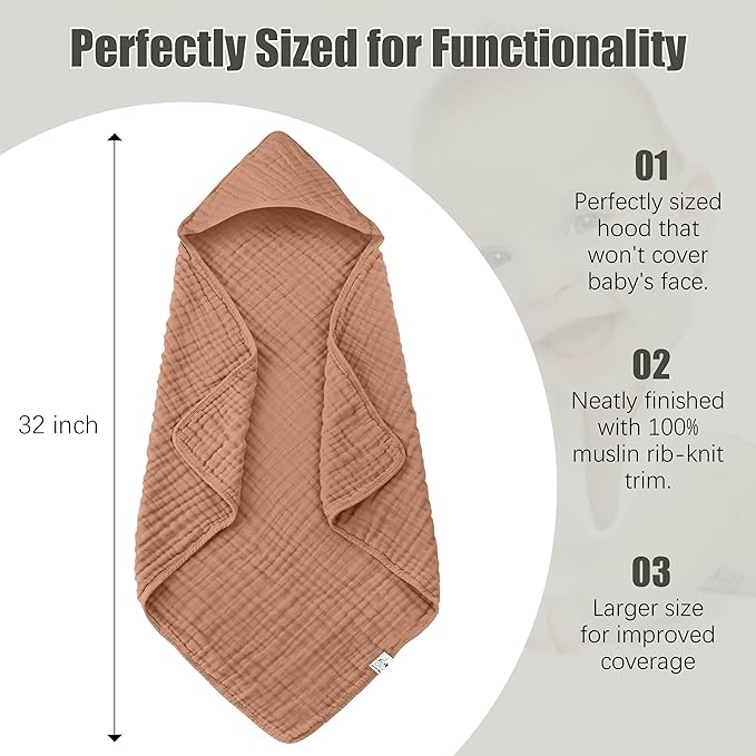 2 Pack Hooded Baby Towels - 100% Muslin Cotton for Newborns, Infants, Toddlers - Large 32x32 Inch Size - Highly Absorbent and Essential for Newborn Care, Light Bean Paste