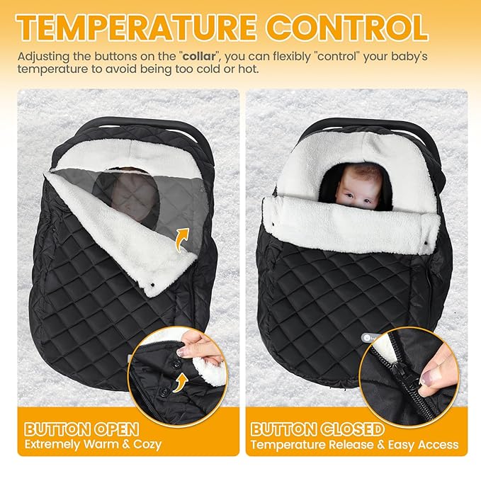 IvyWind Winter Car Seat Cover, Warm Winter Carseat Cover for Baby Boys & Girls, Waterproof Car Seat Winter Cover with Removable Zipper, Keeps Babies Warm and Cozy in Cold Weather, Black