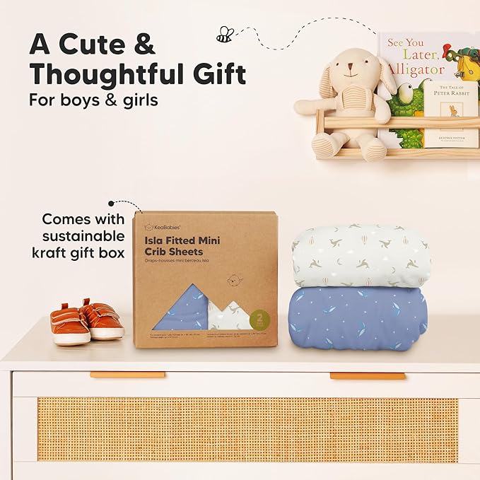 Pack and Play Sheets Fitted - 2-Pack Mini Crib Sheets for Pack N Play Mattress 38x26, Soft & Cozy, Neutral Toddler Playard Bedding, Snug Fitted Mini Baby Crib Mattress Cover Boy, Girl (Marine Muse)