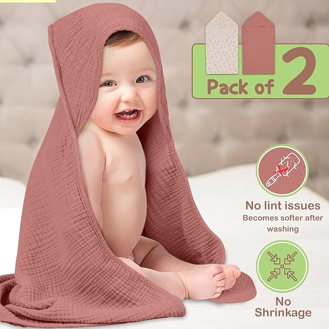 100% Organic Cotton Muslin Baby Hooded Towels 32x32 Inch – 2 Pack Soft & Absorbent Baby Hooded Towel Wrap for Boys & Girls, Premium Hooded Towels, Gentle Baby Essentials in Deep Olive/Ivory