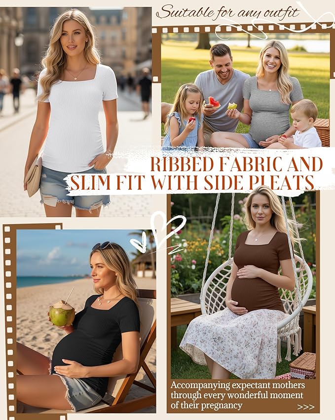 Huukeay 4 Pack Women's Maternity Shirts Cotton Ribbed Short Sleeve Square Neck Pregnancy Tops Side Ruched Summer Tee