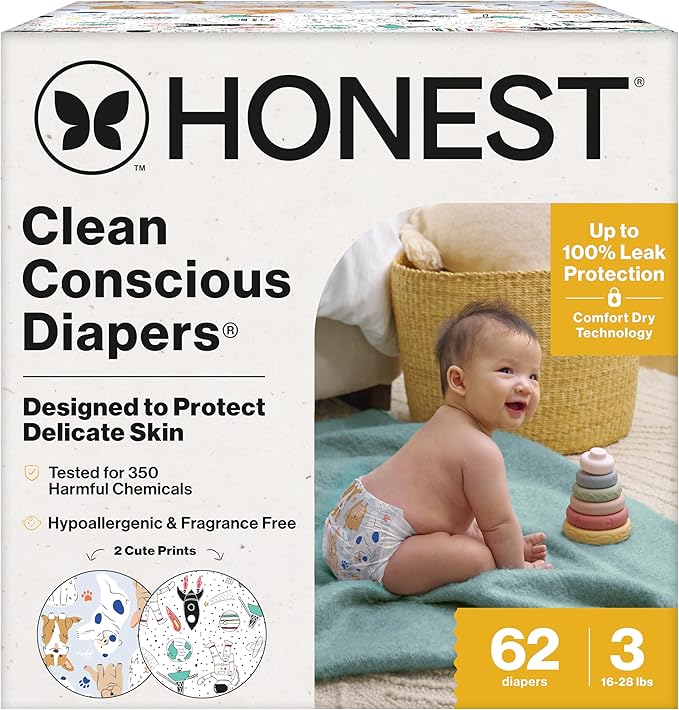 The Honest Company Comfort Dry Disposable Diapers for Sensitive Skin, Hypoallergenic, Fragrance-Free, Space Travel + It's a Pawty, Club Box, Size 3 (16-28 lbs), 62 Count