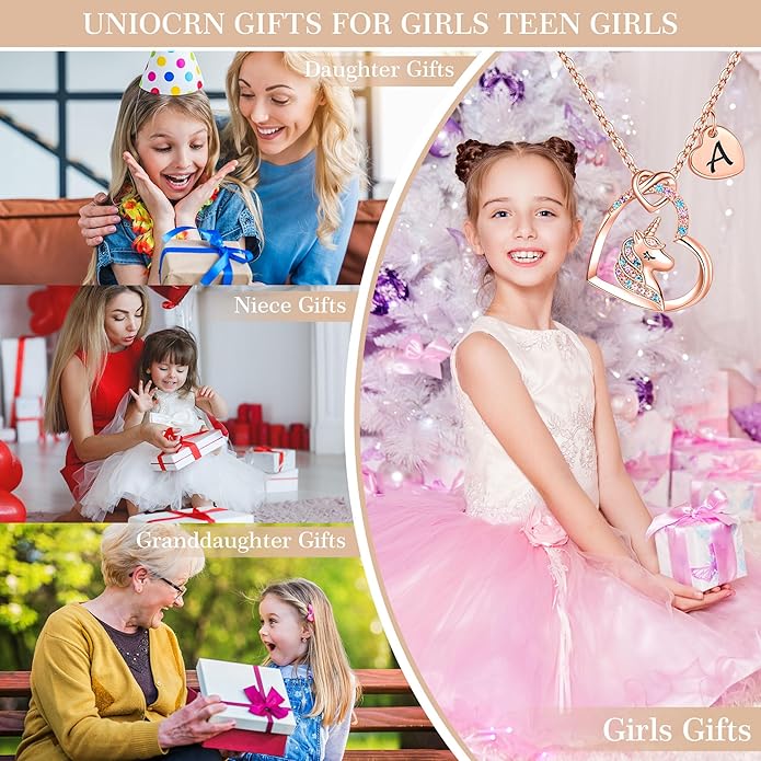Hidepoo Valentines Gifts for Kids Girls - Unicorn Necklace Gifts for Teen Girls Kid, Colorful CZ Heart Pendant Initial Unicorn Necklaces for Girl Jewelry Birthday Gift for Girl Kid