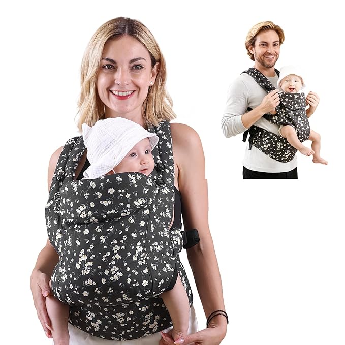 FRUITEAM Baby Carrier, Toddler Carrier with Adjustable Seat Size, Comfortable & Ergonomic Baby Carrier Newborn (7-25 LBS), Easy to Wear, Travel and Hiking Friendly (Black Floral)
