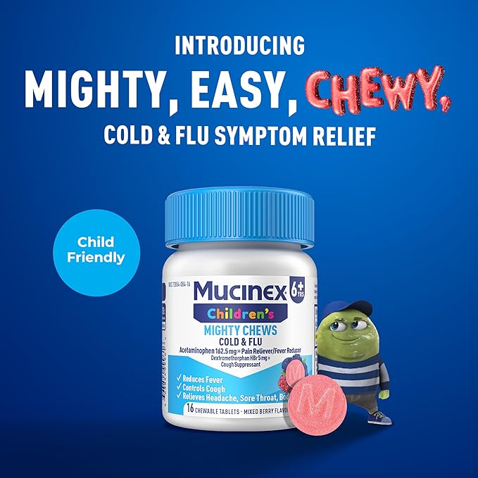 Mucinex Children's Mighty Chews Cold and Flu Medicine, Easy to Dose Children's Acetaminophen & Dextromethorphan, Kids Cough Medicine, Ages 6+, Mixed Berry Flavor, 16 Medicated Chewable Tablets