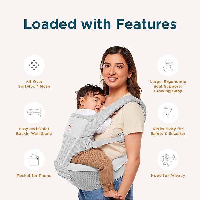 Ergobaby Alta 2-in1 Hip Seat and Carrier - All-Position Breathable Mesh Baby Carrier for 4 Months to 48 Months (12lbs - 45lbs) - SoftFlex™ Mesh - Pink Quartz